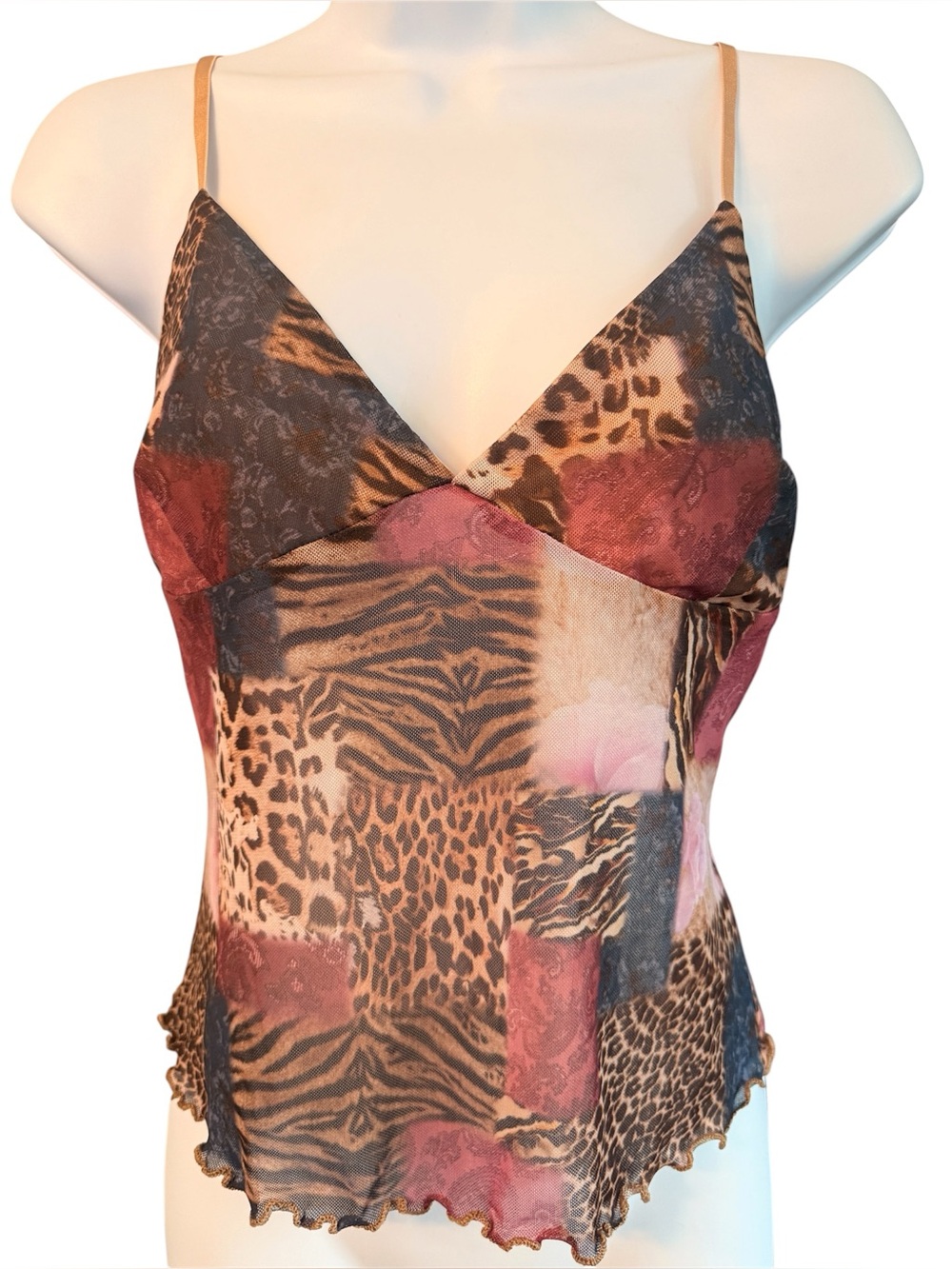 Edikted Animal Patchwork Print Sheer Cami in Brown, Tan, Pink